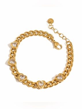 18K Gold Plated Crystal Heart Cuban Chain Bracelet